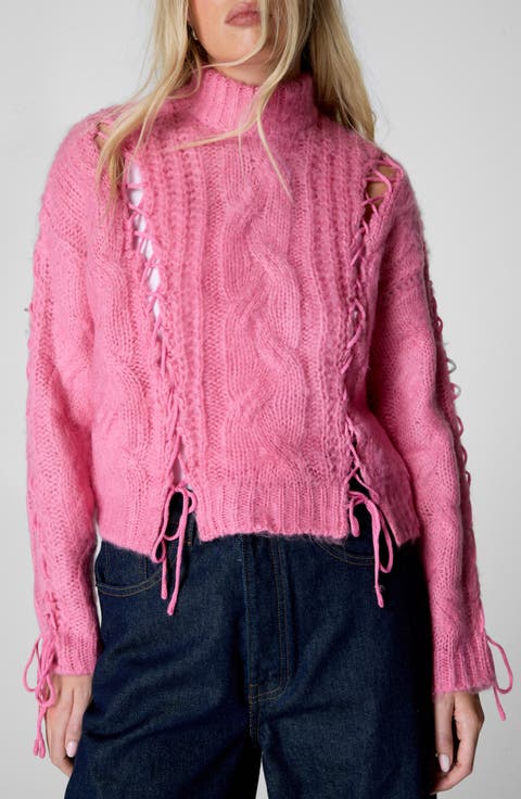 Lace-Up Turtleneck Cable Sweater