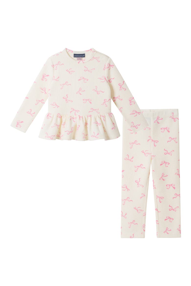 Kids' Bow Print Waffle Knit Top & Pants Set, Main, color, WHITE BOWS