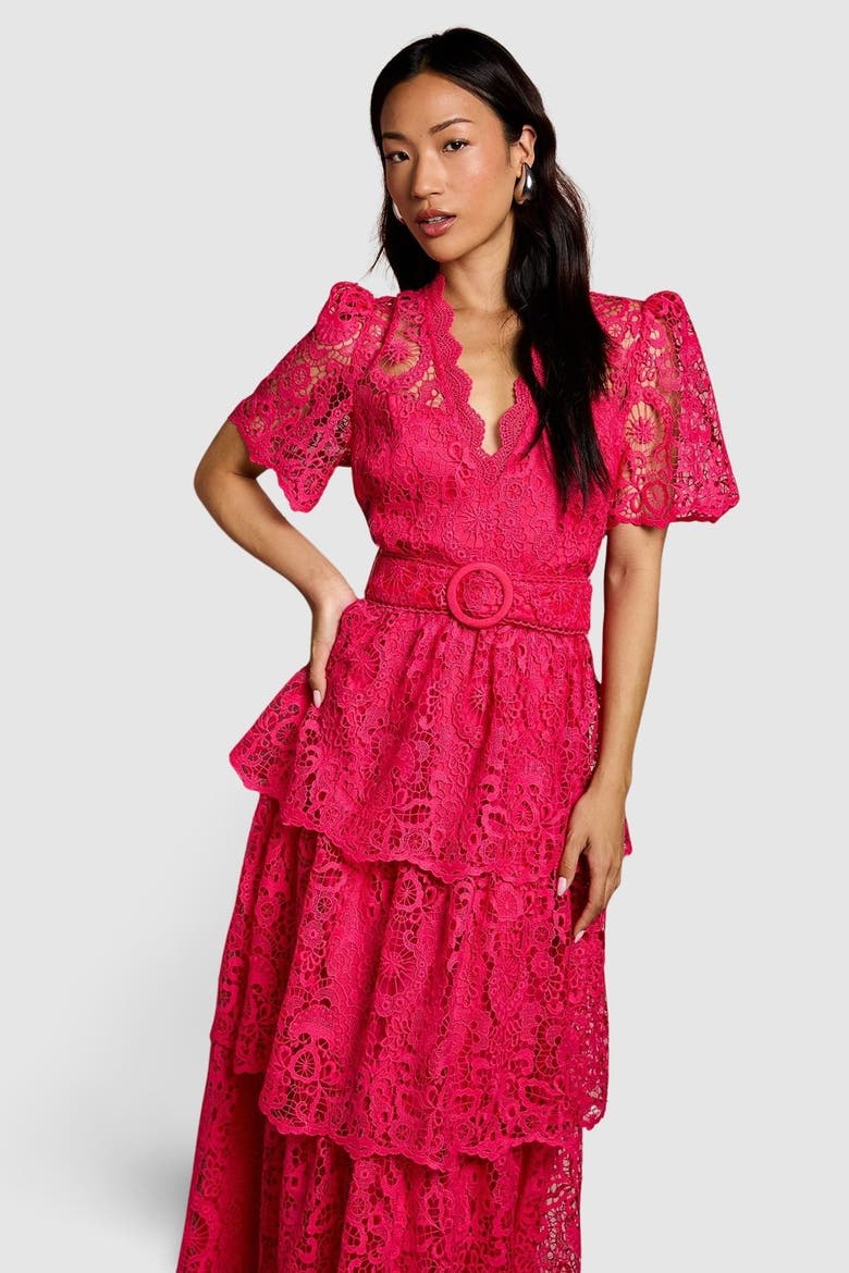 Short Sleeve Tiered Lace Midi Dress, Alternate, color, Raspberry