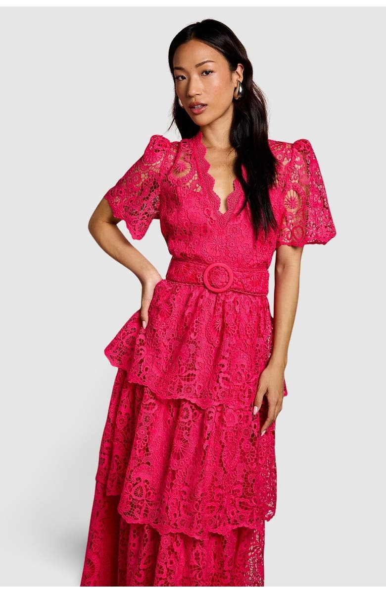 Coast Short Sleeve Tiered Lace Midi Dress, Alternate, color, Raspberry