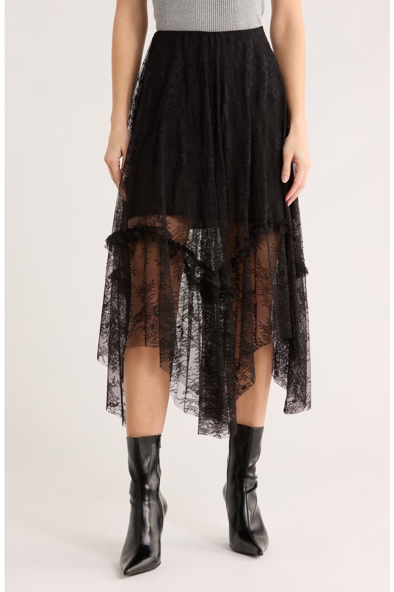 Josie Asymmetric Lace Skirt, Main, color, BLACK