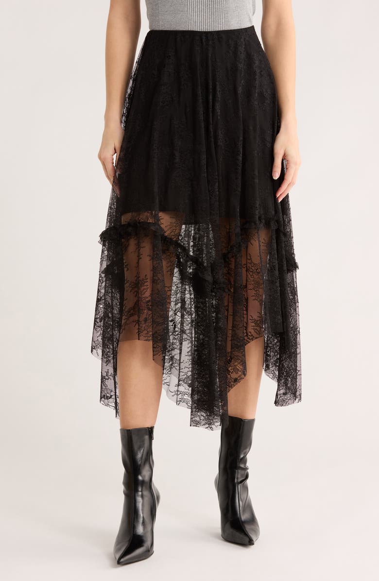 AllSaints Josie Asymmetric Lace Skirt, Main, color, Black