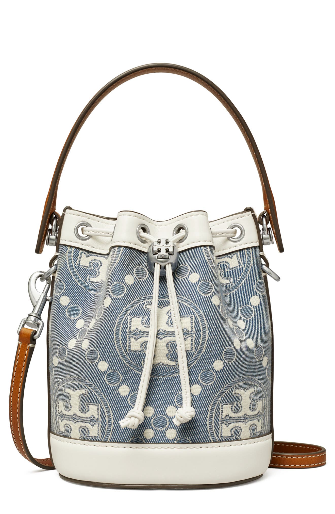 Tory Burch Mini T Monogram Denim Bucket Bag, Main, color, 