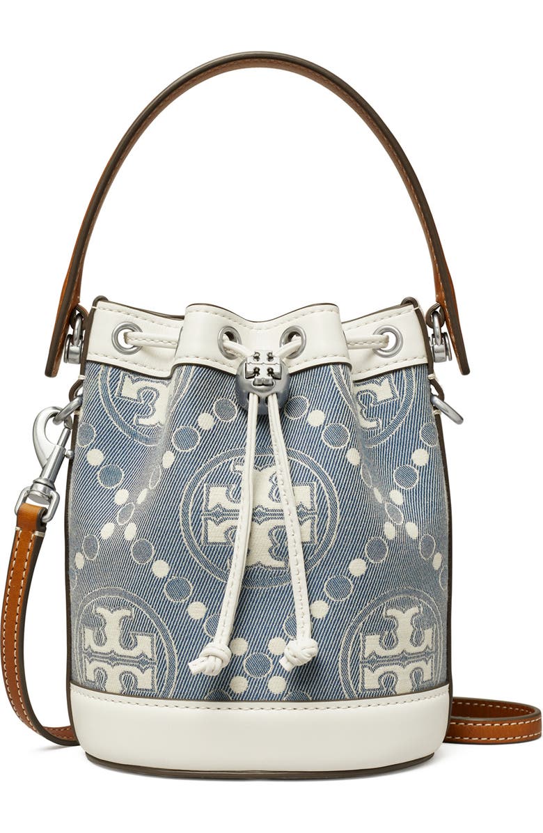 Tory Burch Mini T Monogram Denim Bucket Bag, Main, color,
