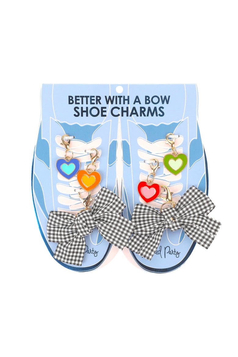 Plaid Bows and Rainbow Hearts Shoe Charm Set 6pc - Gingham Bow and Enamel Heart Charms with Lobster Clips for Sneakers, 2.75x3.3 Inch, Main, color, Multicolor