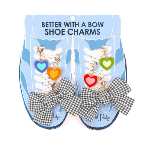 Packed Party Plaid Bows and Rainbow Hearts Shoe Charm Set 6pc - Gingham Bow and Enamel Heart Charms with Lobster Clips for Sneakers, 2.75x3.3 Inch