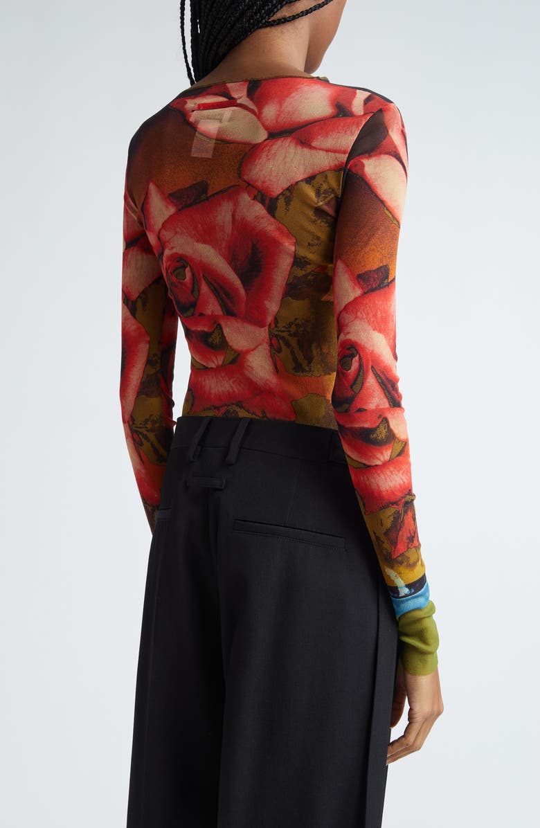Jean Paul Gaultier Rose Print Long Sleeve Mesh Top, Alternate, color,