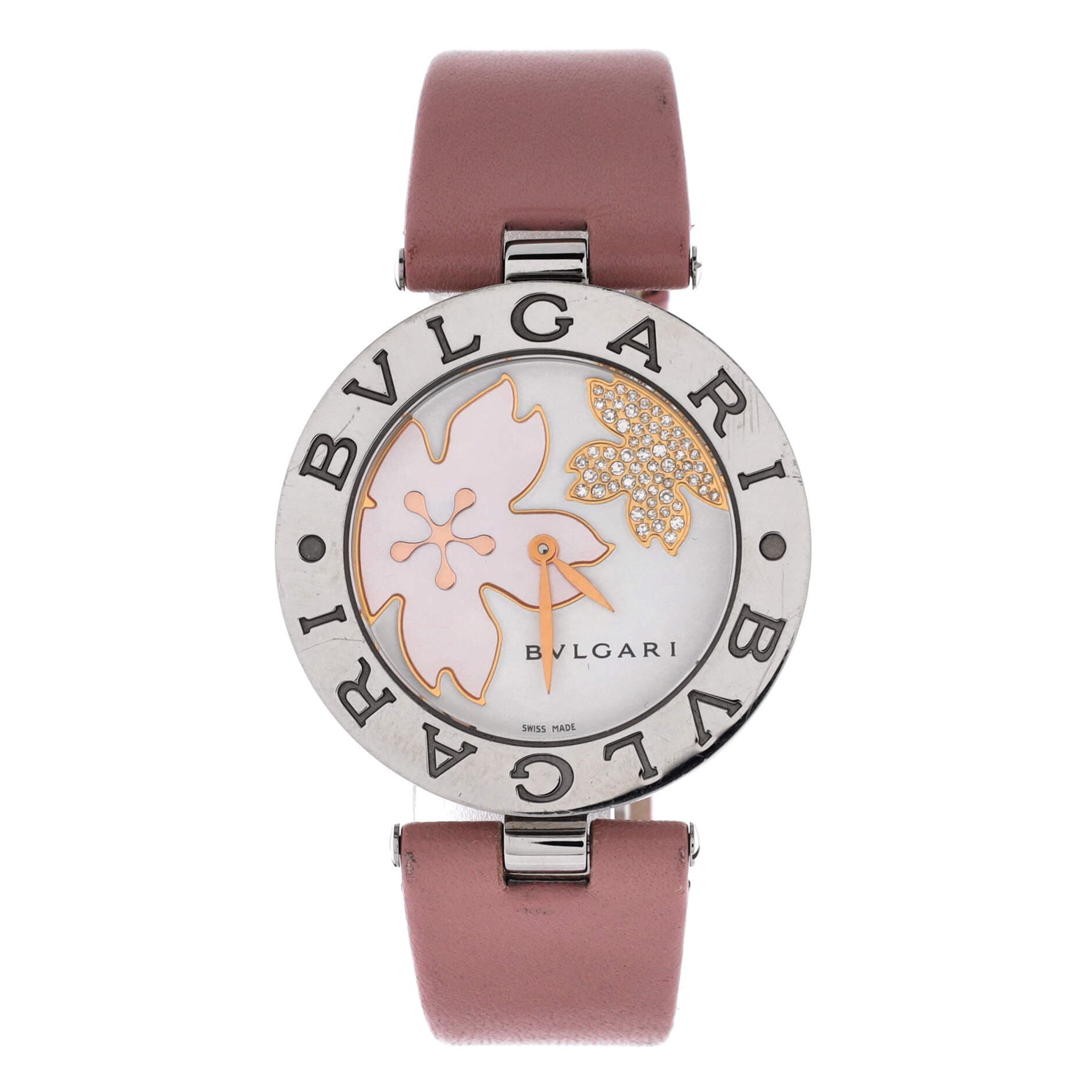 B.Zero1 Flower Motif Quartz Watch Stainless Steel and Leather with Diamond Dial and Mother of Pearl 35, Main, color, Metallic Silver