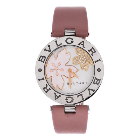 B.Zero1 Flower Motif Quartz Watch Stainless Steel and Leather with Diamond Dial and Mother of Pearl 35