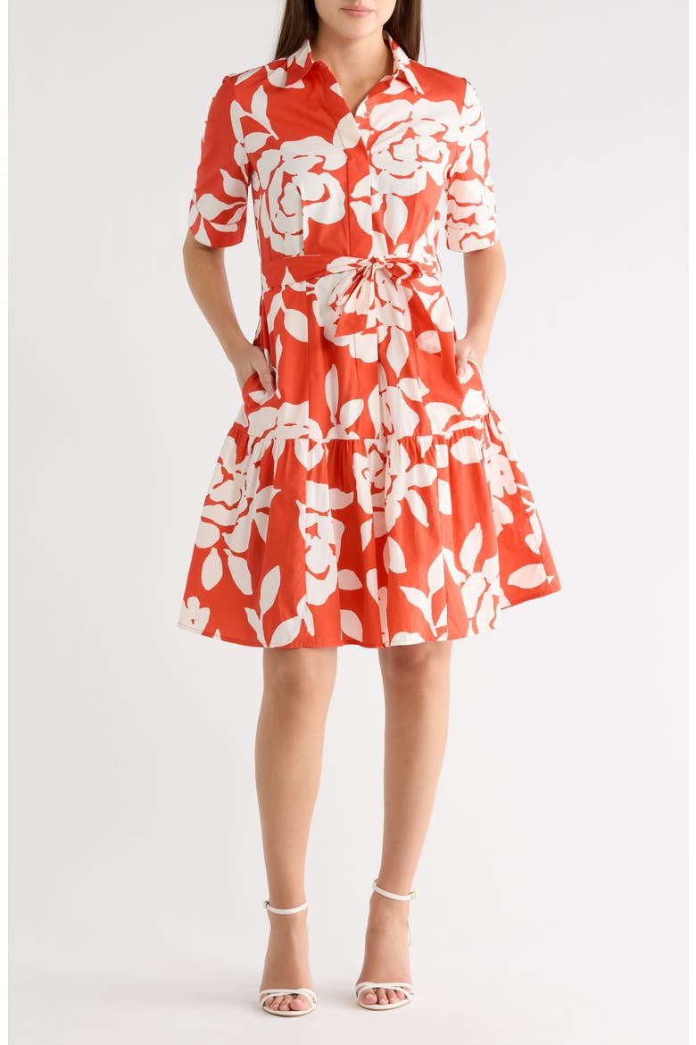 Floral Short Sleeve Cotton Shirtdress, Main, color, GINGER/ CREAM