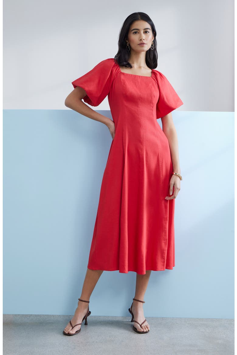 Seam Detail Linen Blend Midi Dress, Alternate, color, RED SAUCY