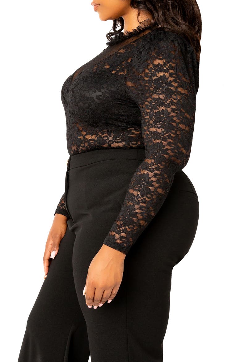 Sheer Stretch Lace Long Sleeve Bodysuit, Alternate, color, BLACK