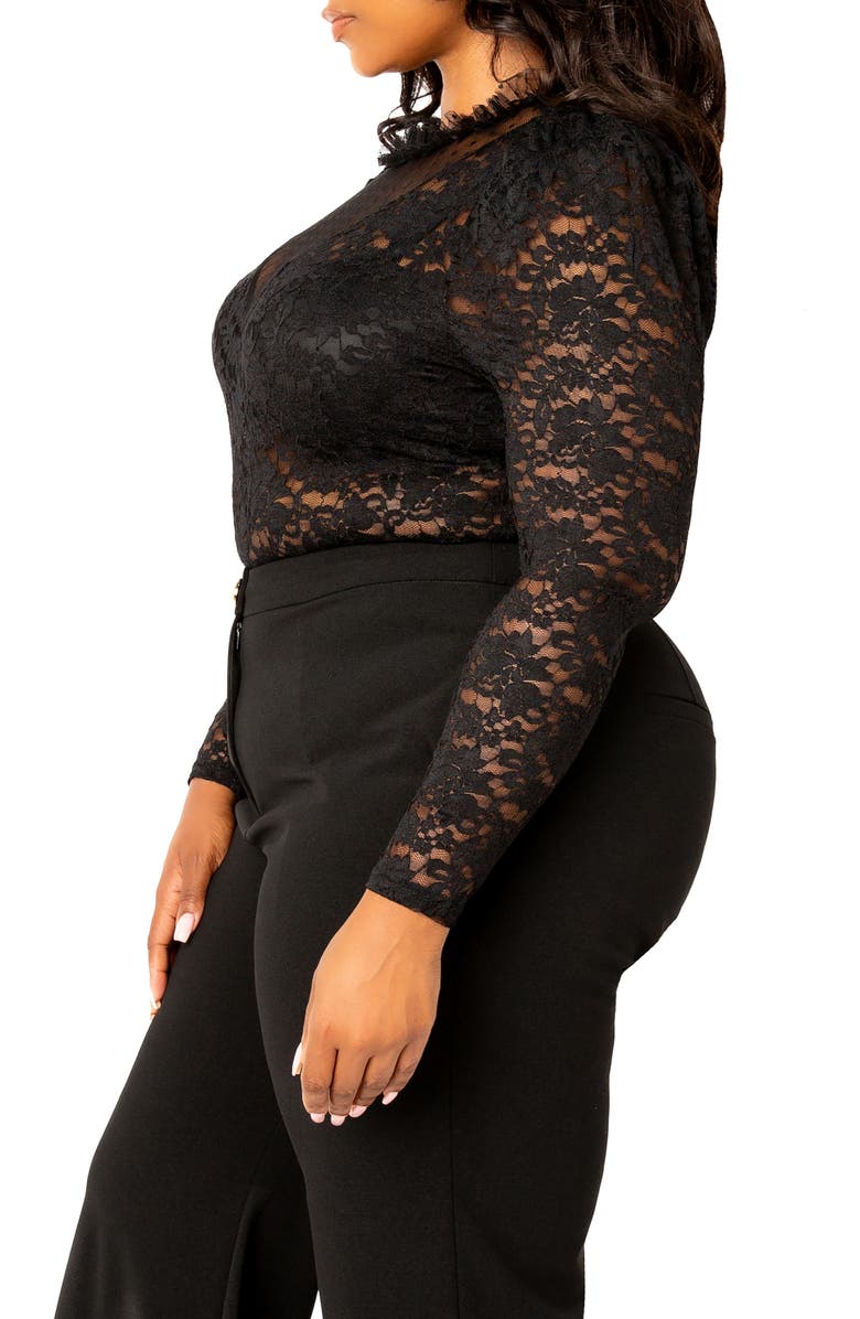 BUXOM COUTURE Sheer Stretch Lace Long Sleeve Bodysuit, Alternate, color, Black