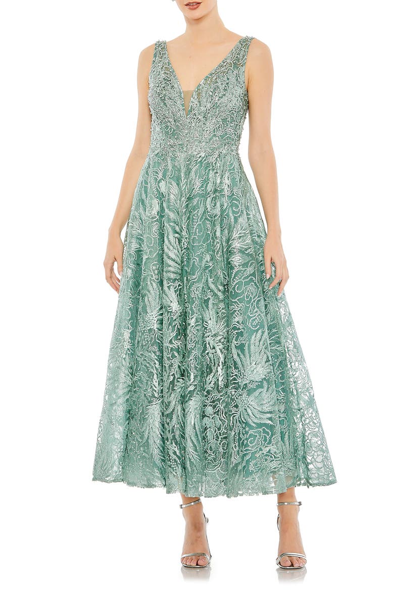 Embellished & Embroidered Fit & Flare Dress, Main, color, SEAFOAM