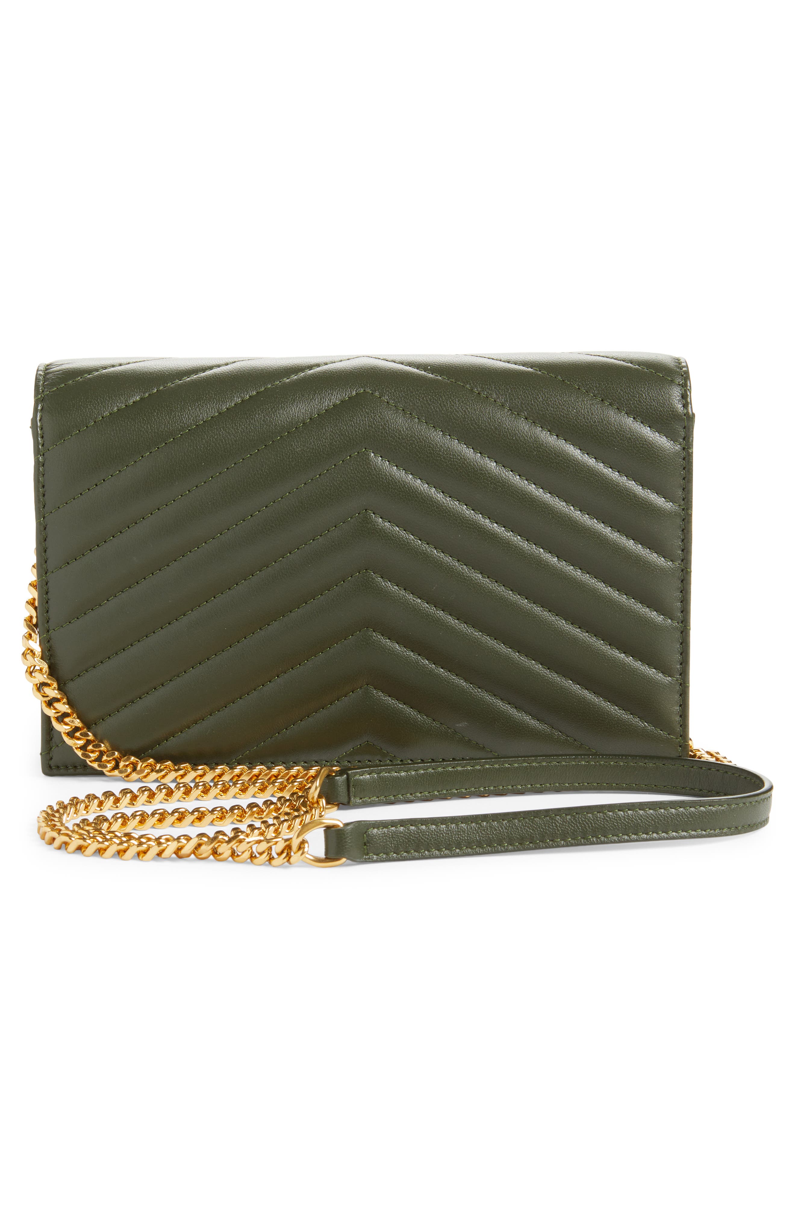 Saint Laurent Cassandre Quilted Leather Wallet on a Chain, Alternate, color, Olive Wood