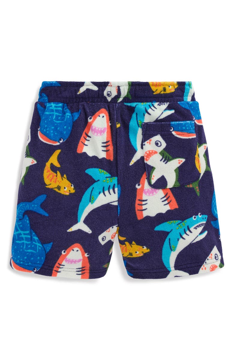 Mini Boden Kids' Shark Terry Cloth Drawstring Shorts, Alternate, color, Navy Sharks