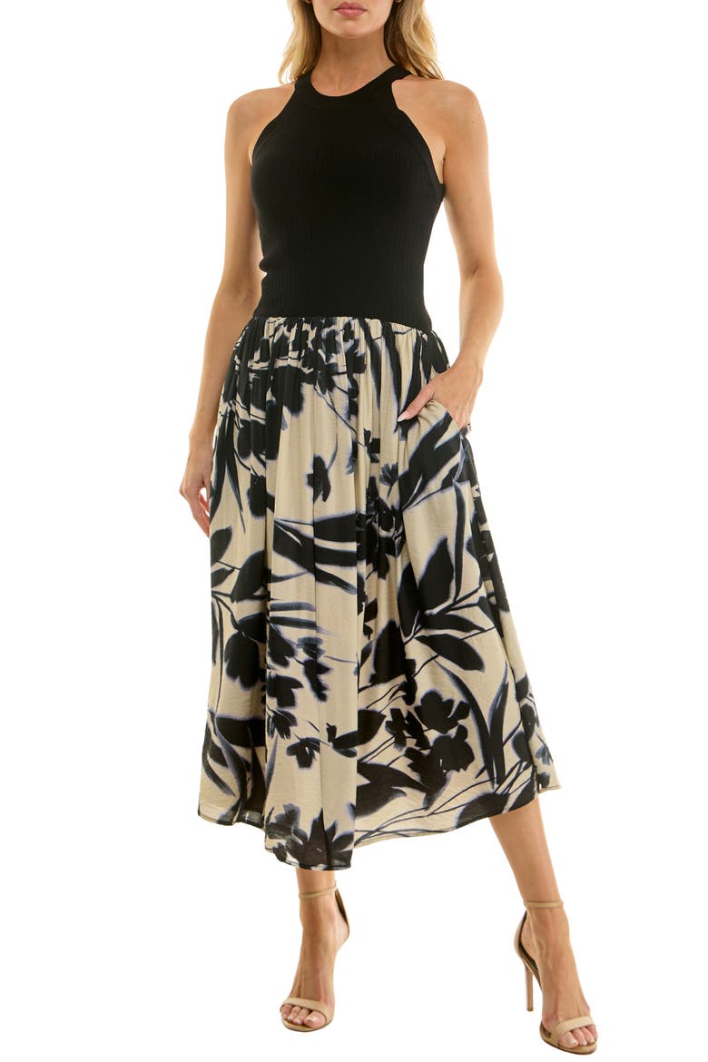 Floral Print Fit & Flare Tank Dress, Main, color, BLACK