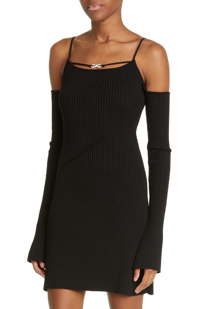 Mach & Mach Crystal Bow Ribbed Cold Shoulder Long Sleeve Mini Sweater Dress, Alternate, color,