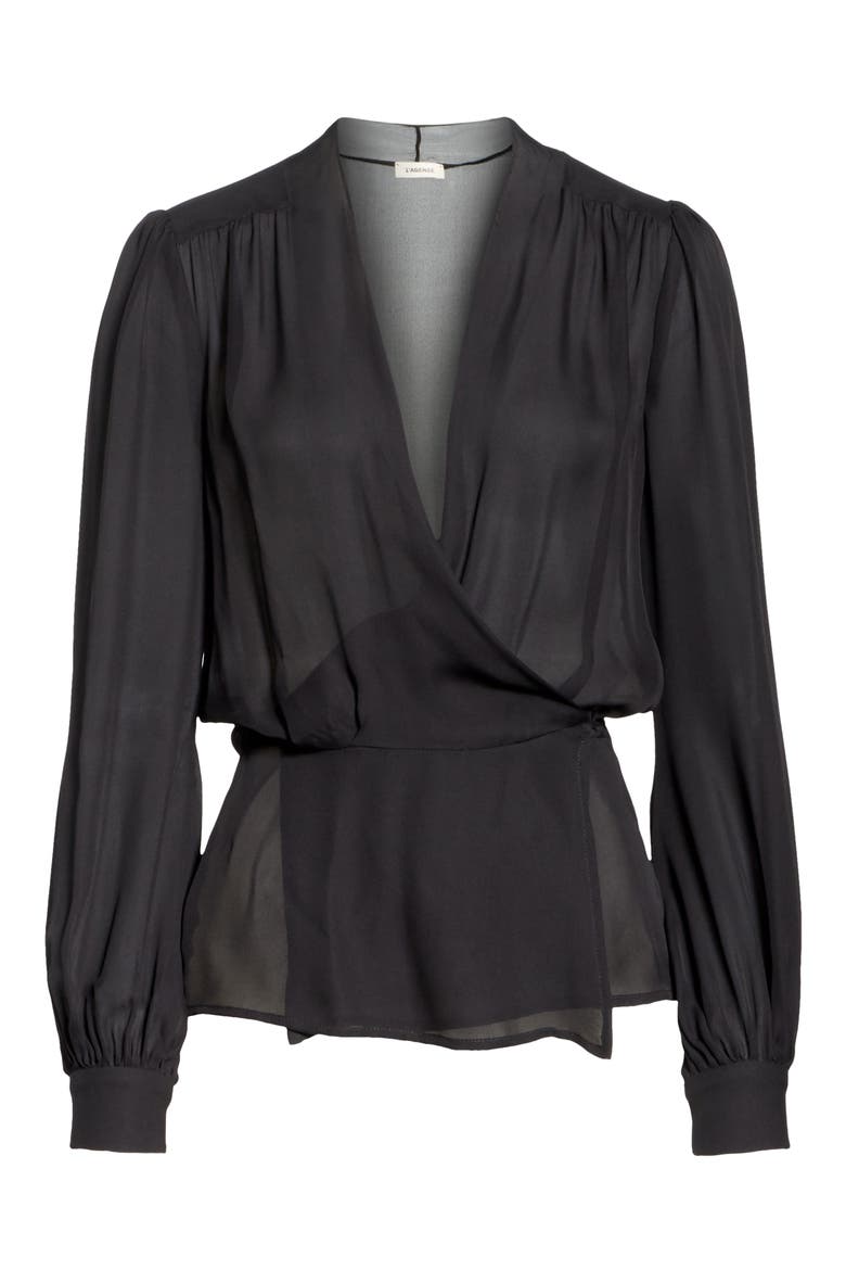 Cara Silk Wrap Blouse, Alternate, color, BLACK