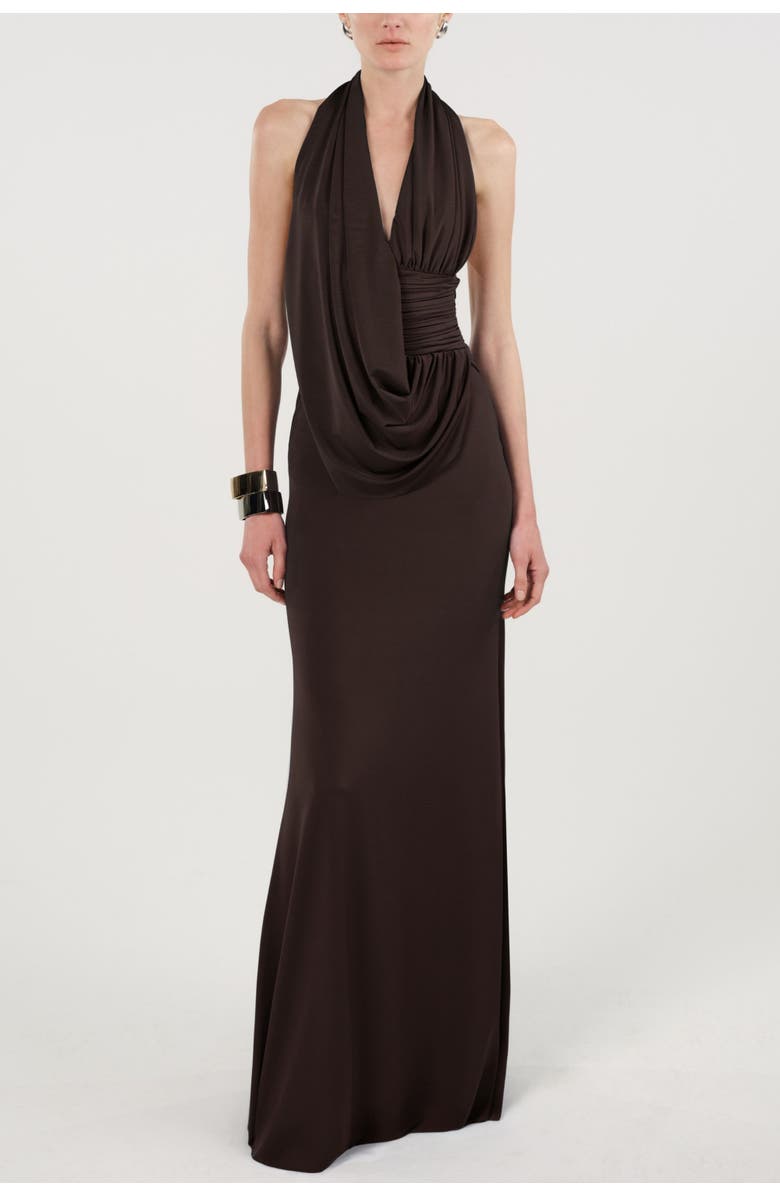 Nocturne Draped Halter Neck Maxi Dress, Main, color, Brown