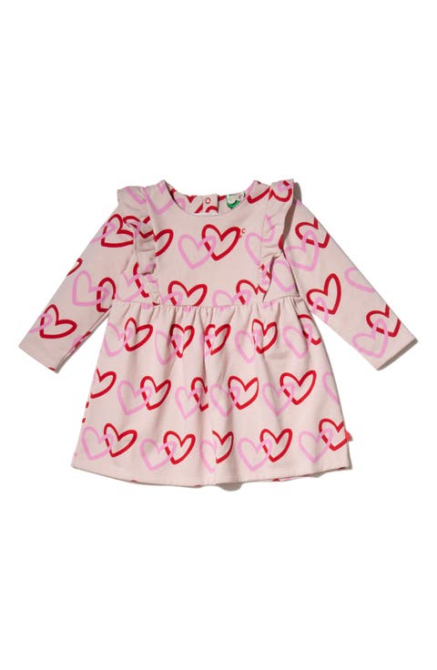 Kids Heart Print Long Sleeve Ruffle Dress (Toddler, Little Kid & Big Kid)