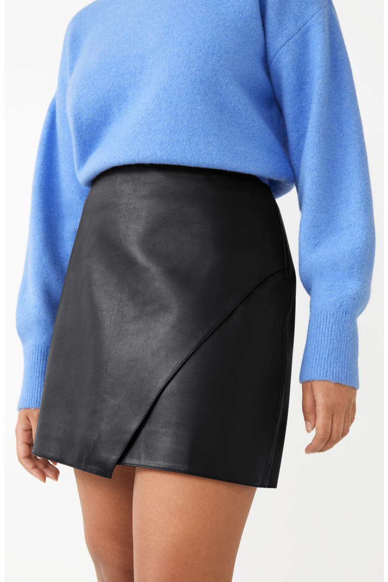 Asymmetric Overlap A-Line Leather Miniskirt, Alternate, color, BLACK