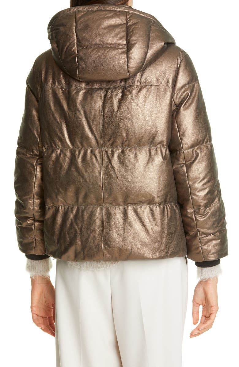 Brunello Cucinelli Metallic Suede Hooded Down Puffer Jacket, Alternate, color,
