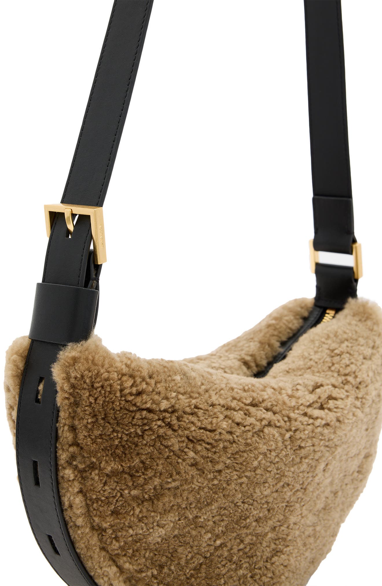 AllSaints Half Moon Genuine Shearling Crossbody, Alternate, color, 