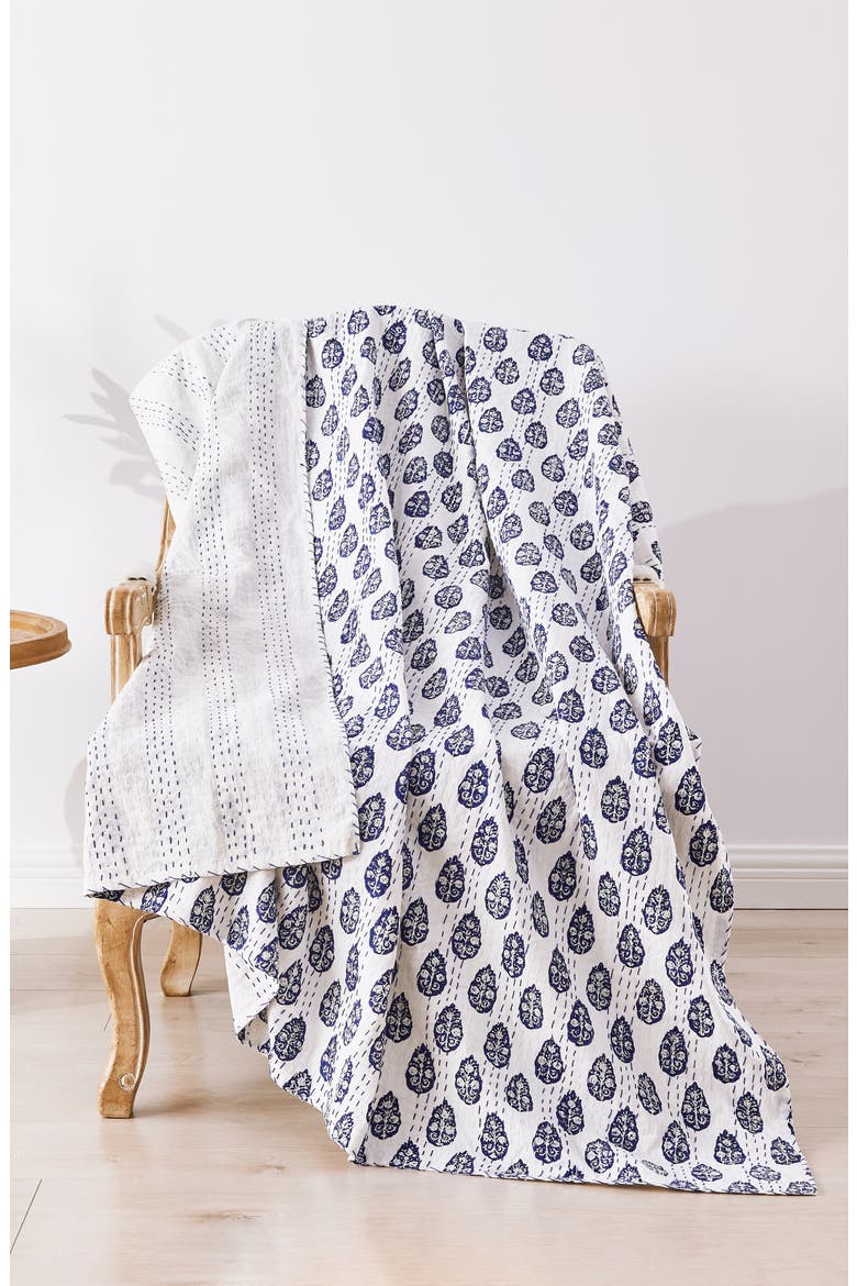 Floral Paisley Kantha Cotton Throw Blanket, Alternate, color, INDIGO