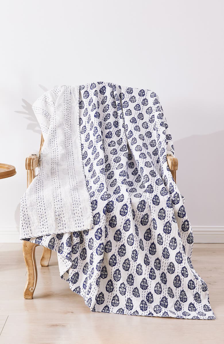MELANGE HOME Floral Paisley Kantha Cotton Throw Blanket, Alternate, color, Indigo