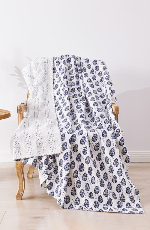 Melange Home Floral Paisley Kantha Cotton Throw Blanket In Indigo