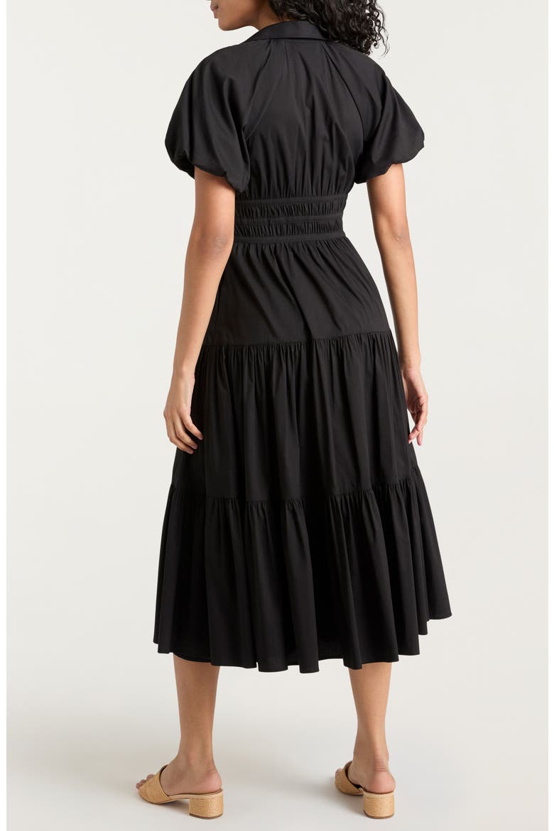 Maggio Puff Sleeve Stretch Poplin Midi Dress, Alternate, color, BLACK