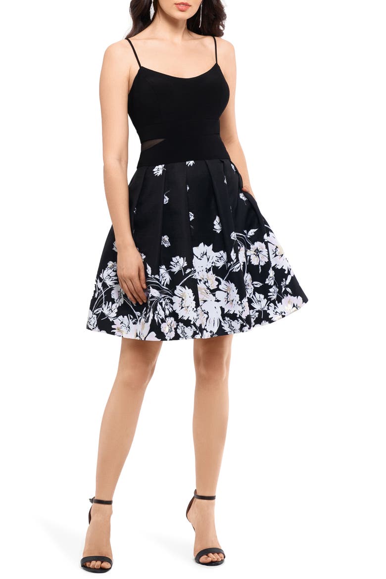 Xscape Mesh Inset Print Pleated Party Dress, Main, color, BLACK/ IVORY