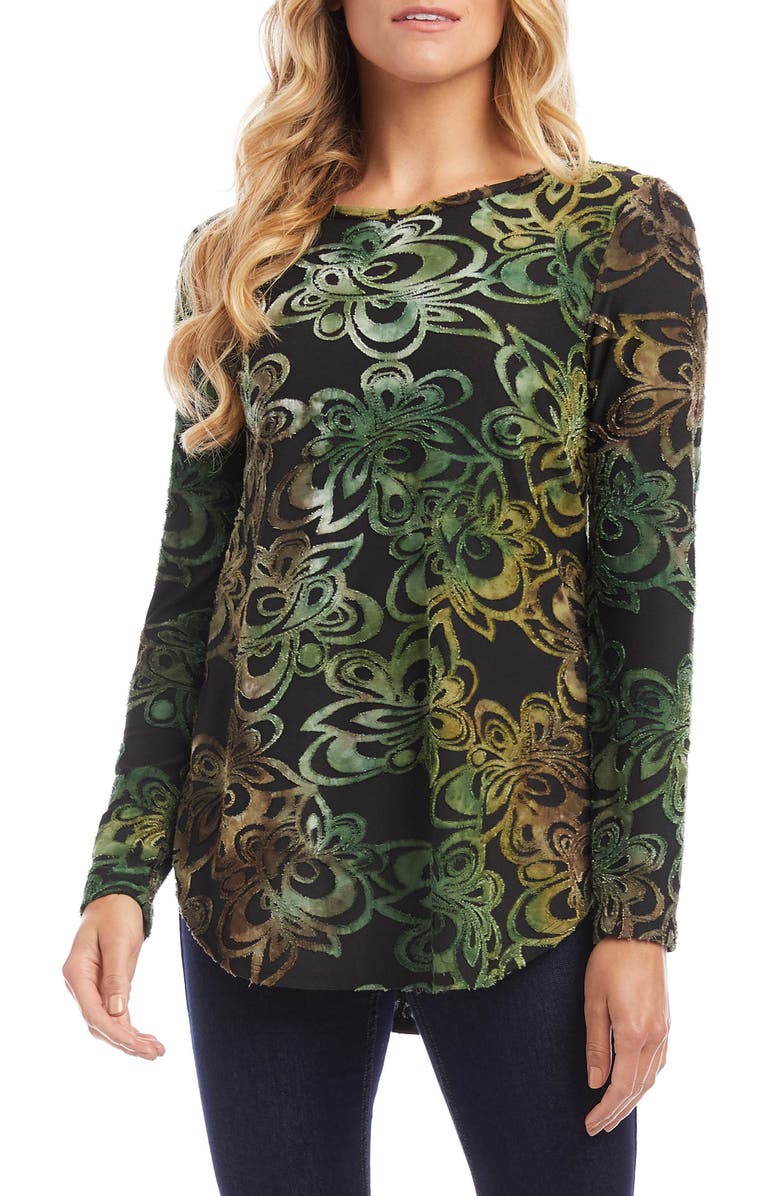 Karen Kane Tie Dye Floral Velvet Burnout Long Sleeve Top, Main, color,
