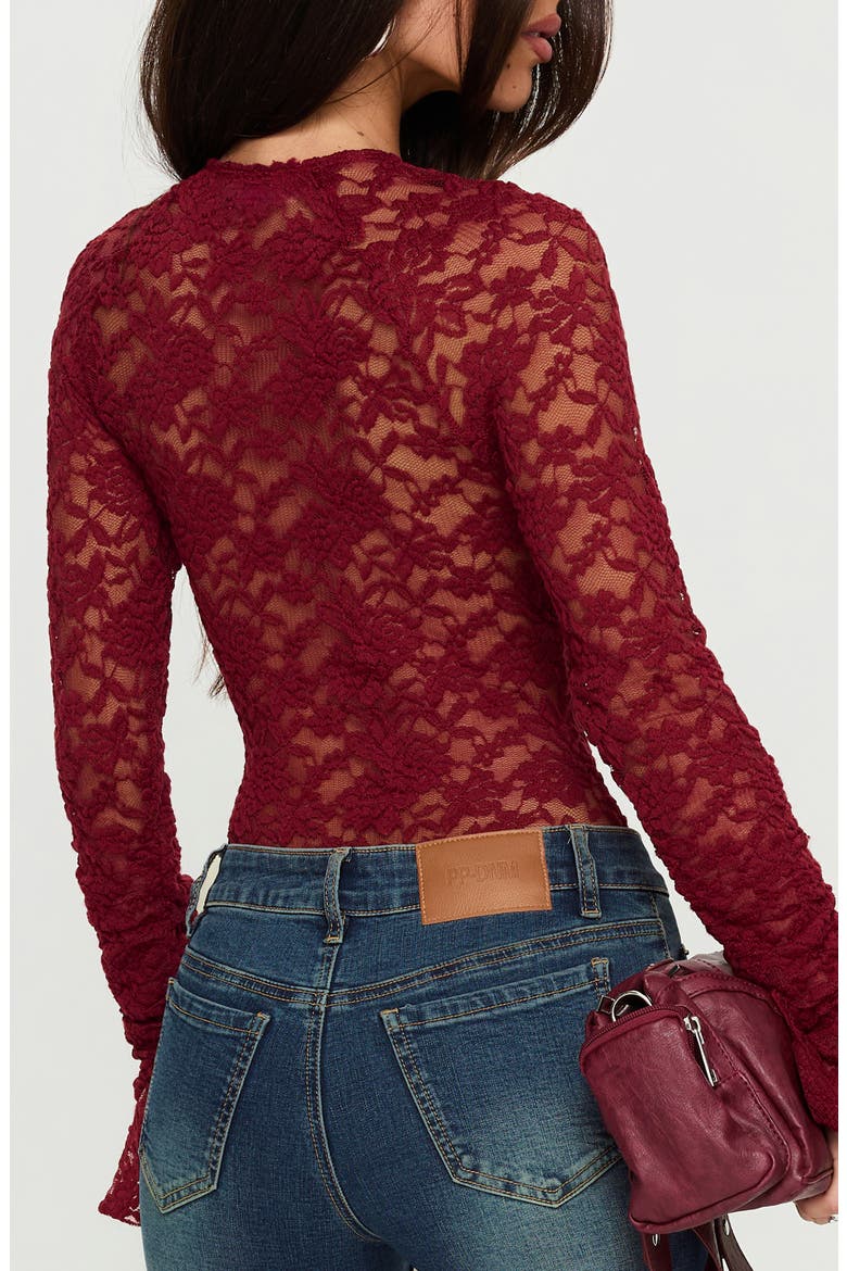 Giallo Long Sleeve Lace Bodysuit, Alternate, color, BURGUNDY