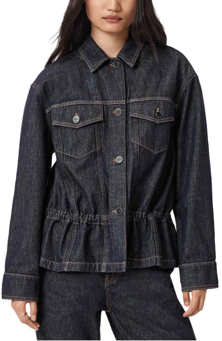 AllSaints Denby Peplum Trucker Jacket, Main, color, Raw Indigo Blue