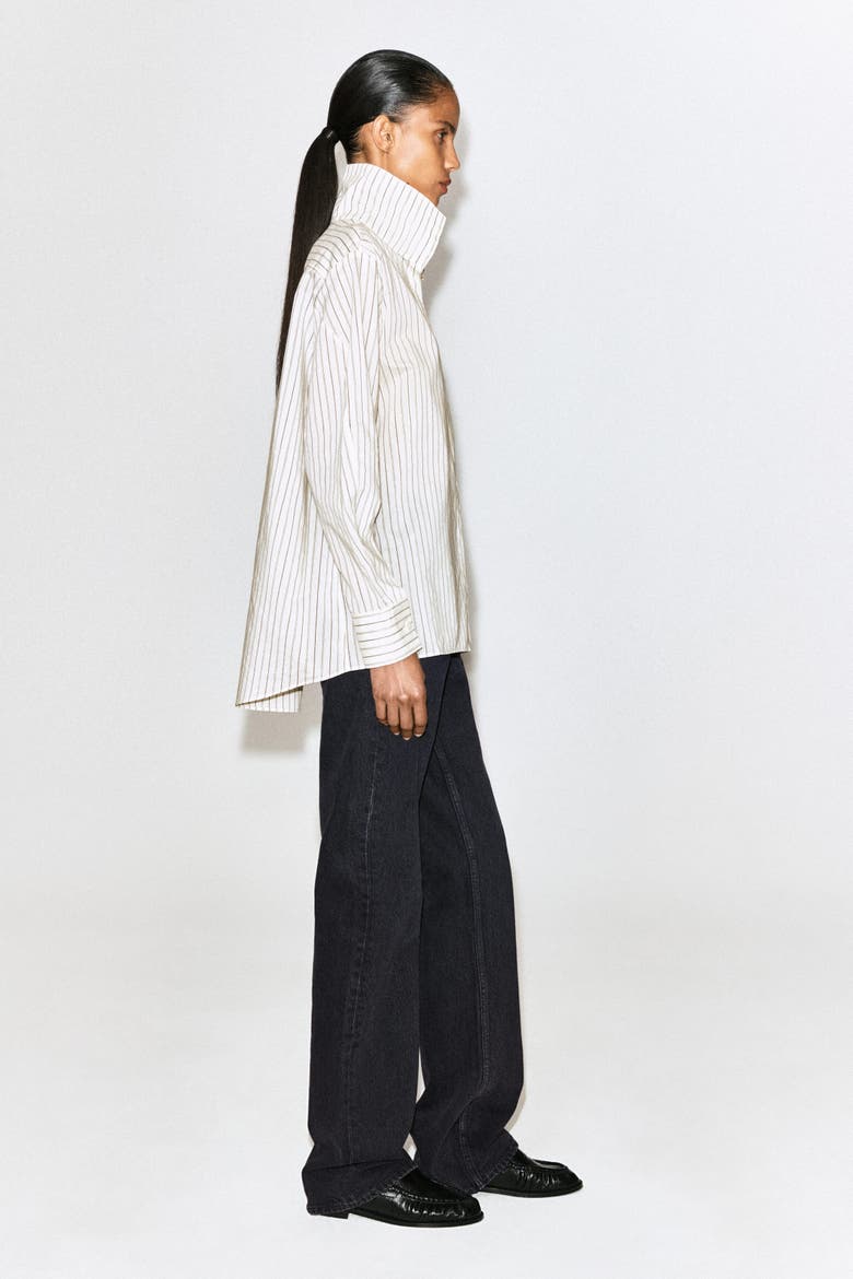 Striped Cotton-silk High-collar Shirt, Alternate, color, IVORY / BROWN / STRIPED
