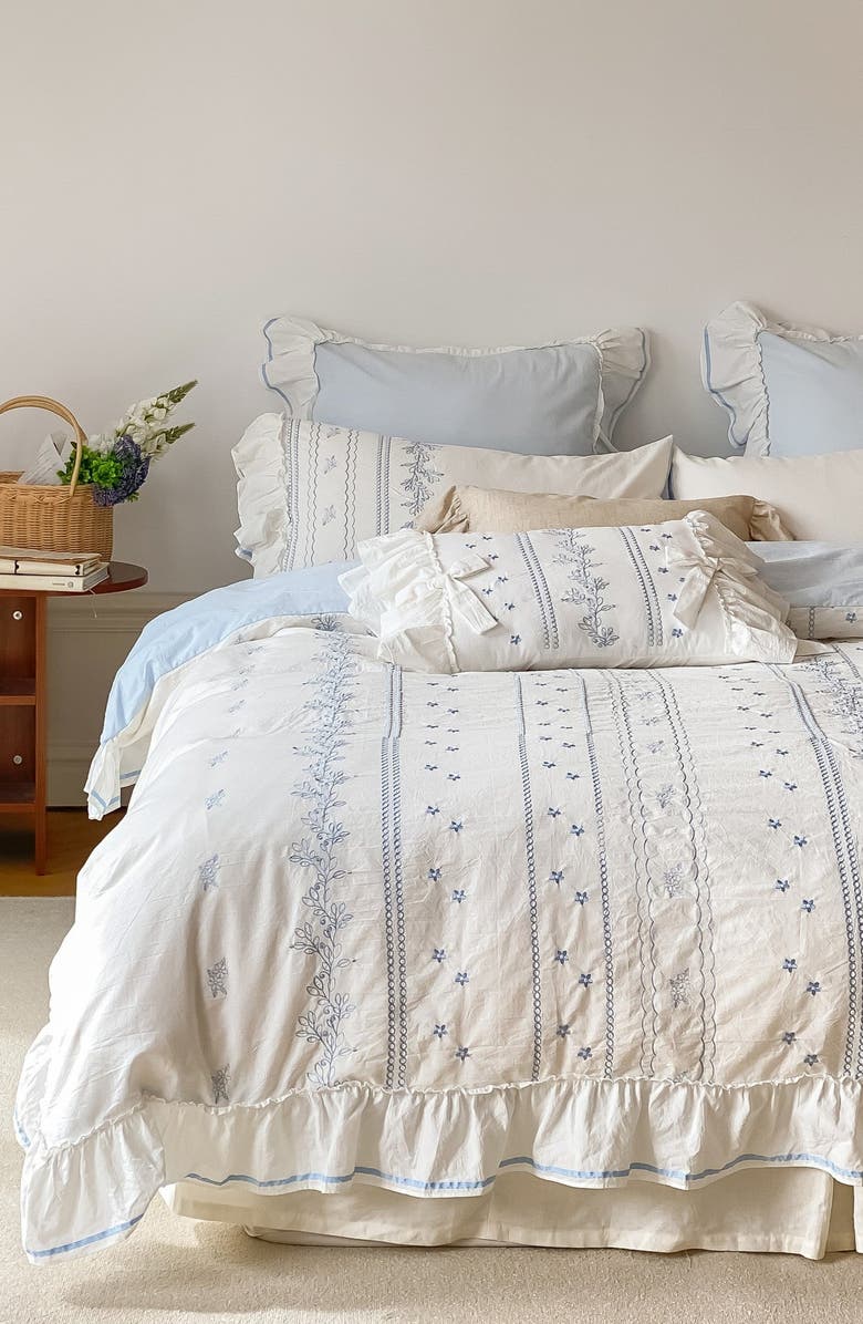 Ever Lasting Embroidered French Lace Ruffle Bedding Set, Alternate, color, Blue / Flat