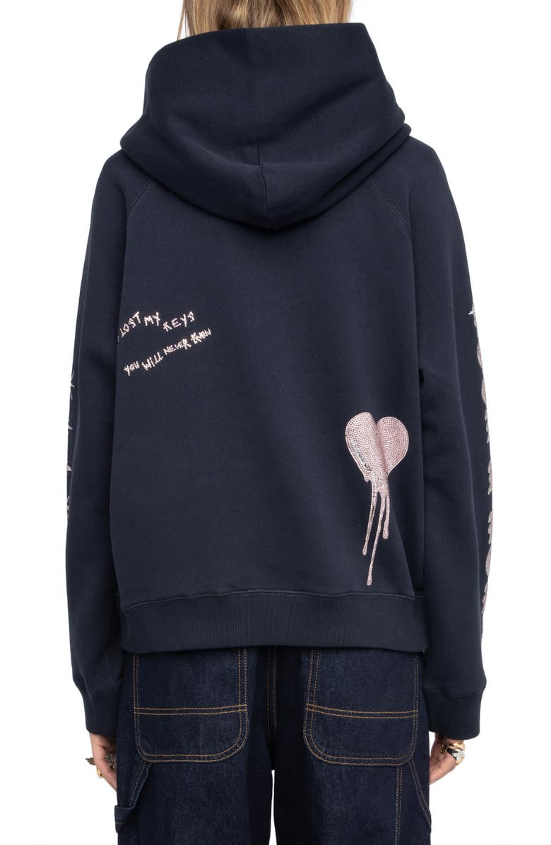 Zadig & Voltaire Georgy Multi Heart Strass Crystal Embellished Cotton Graphic Hoodie, Alternate, color, Encre