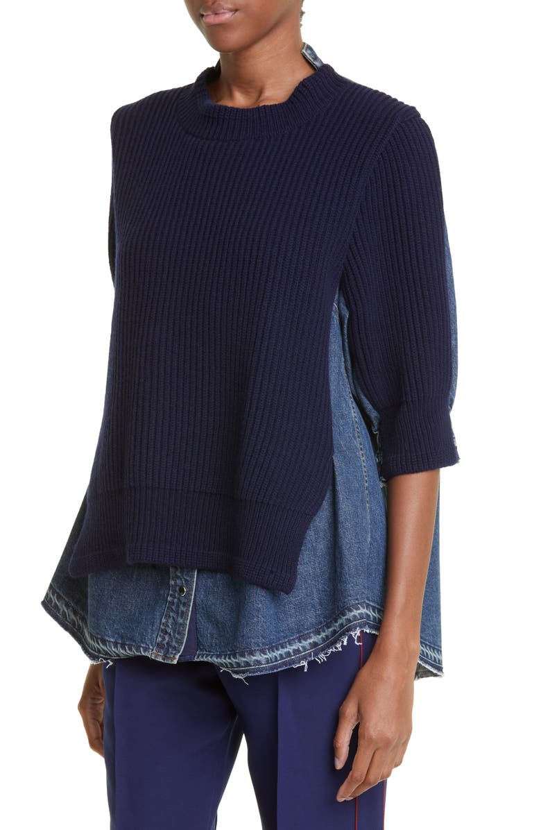 Sacai Mixed Media Wool & Denim Sweater, Alternate, color,