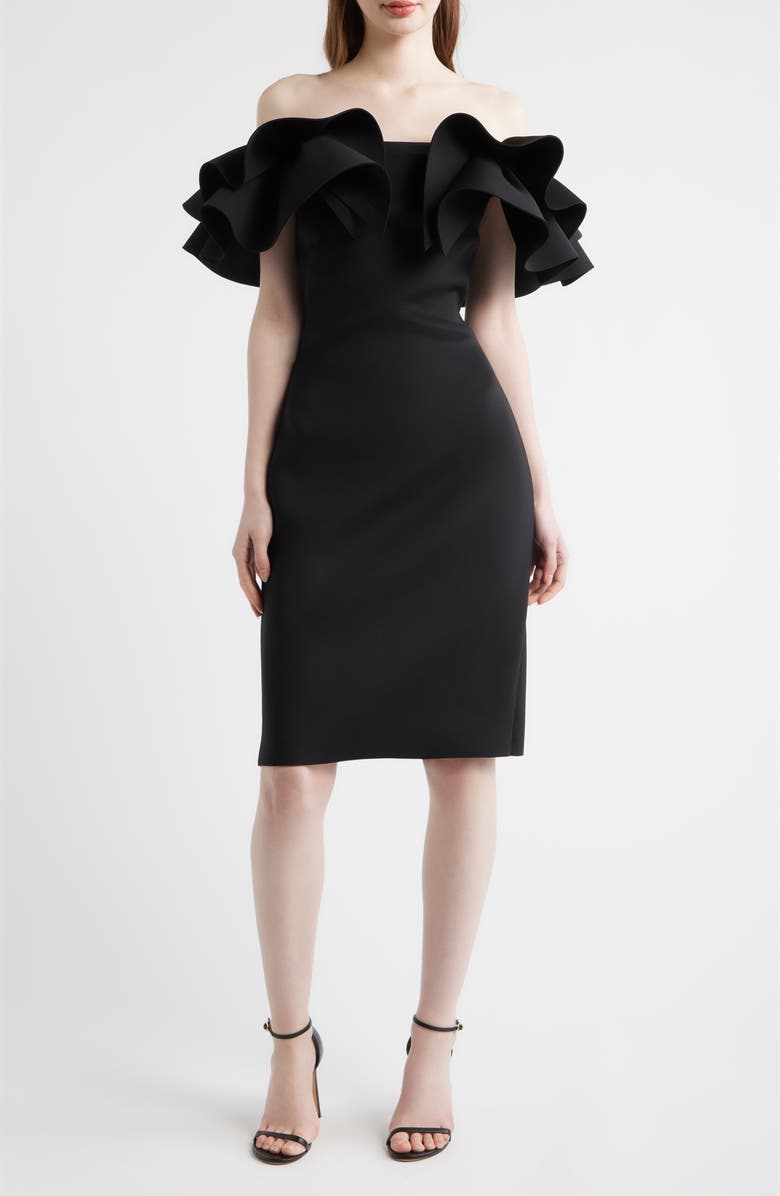 Anne Klein Ruffle Off the Shoulder Scuba Crepe Cocktail Dress, Main, color, Anne Black