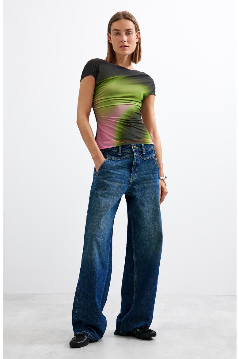 Ruched Mesh Top, Alternate, color, BLACK