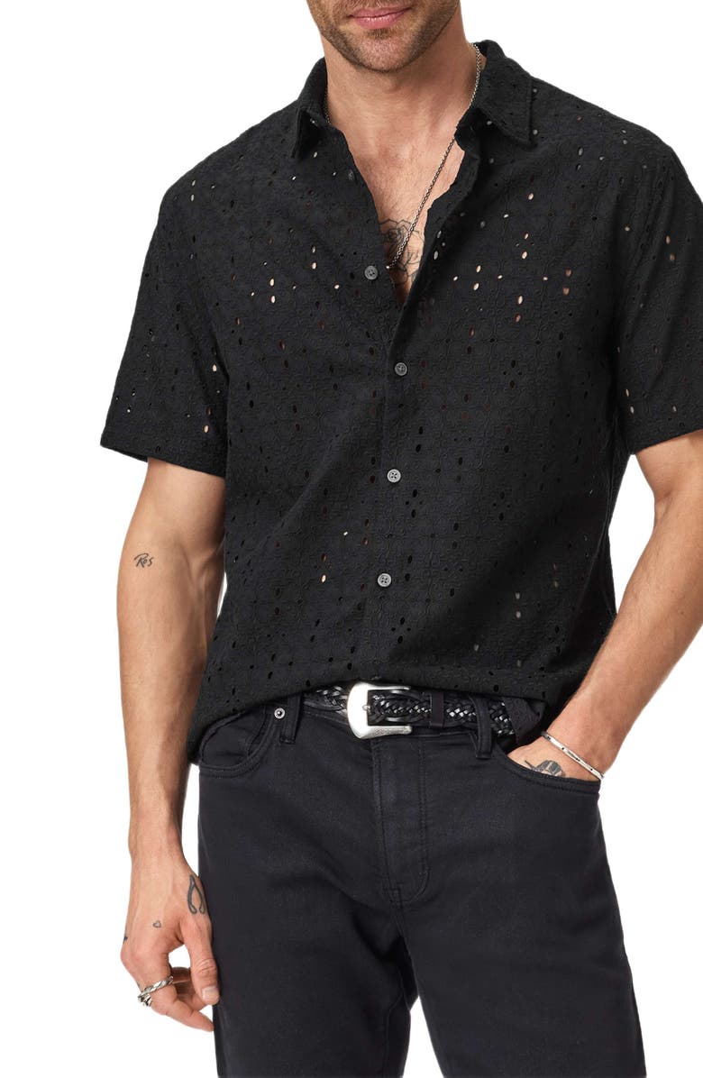John Varvatos Sean Eyelet Cotton Short Sleeve Button-Up Shirt, Alternate, color, Black