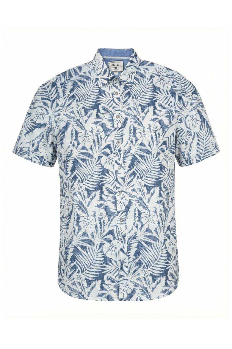 Tropical Print Short Sleeve Linen & Cotton Button-Up Shirt, Alternate, color, BLUE