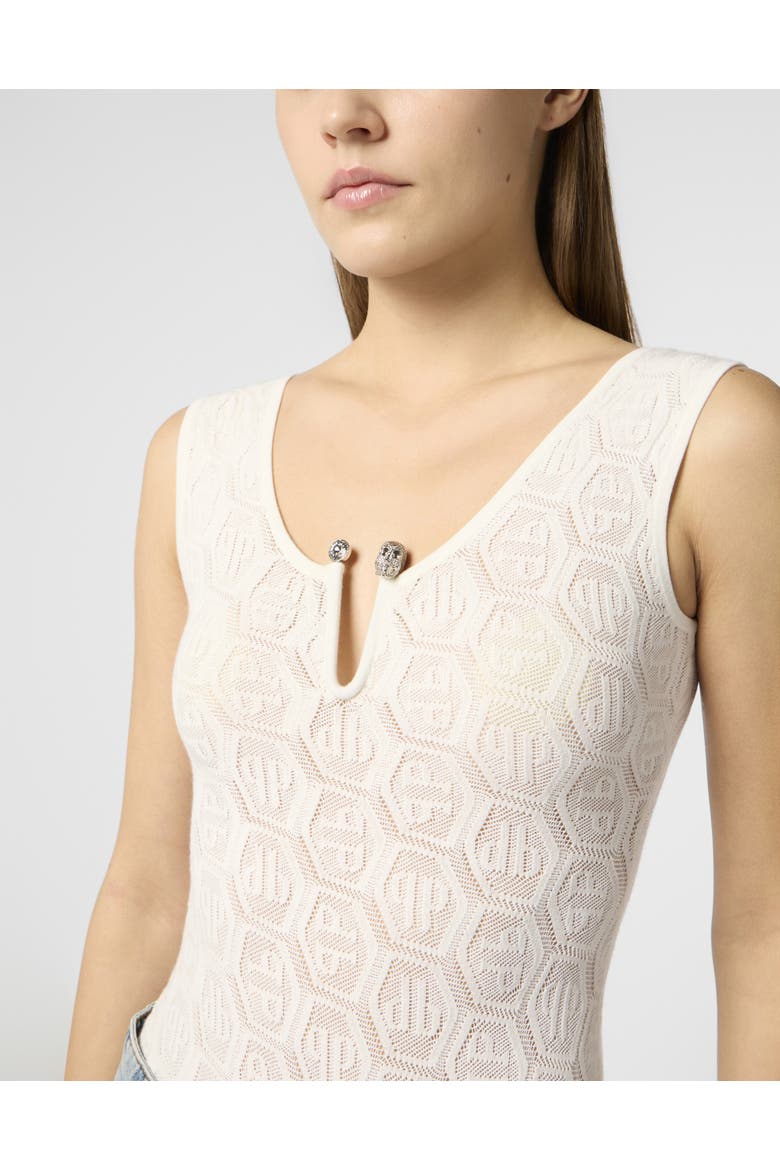 Knit Tank Top Piercing Monogram Women, Alternate, color, white