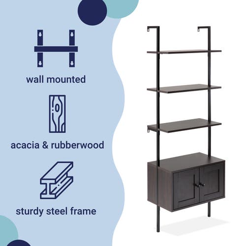 Happimess Tulare Midcentury Industrial 4-shelf Wood Wall-mounted Open Ladder Bookcase With Cabinet And Metal F In Black