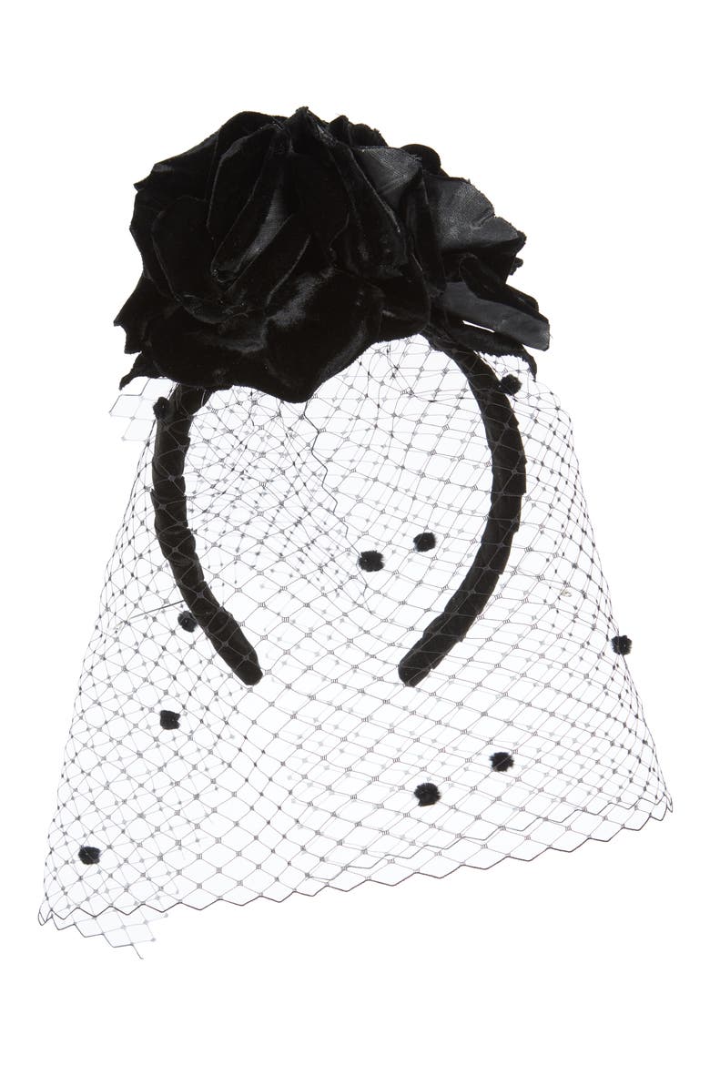 Flower Crown Veil Headband, Main, color, BLACK