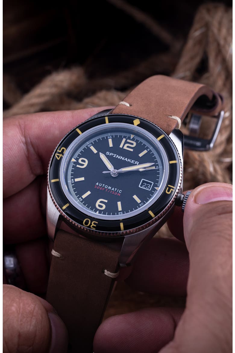 Fleuss Automatic Leather Strap Watch, 43mm, Alternate, color, BLACK