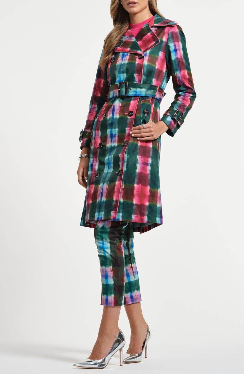 Isaac Mizrahi New York Plaid Double Breasted Trench Coat, Main, color, Watercolor Tartan