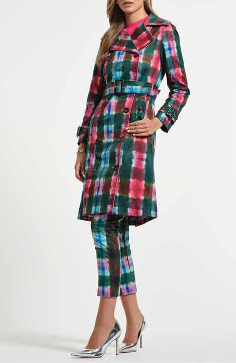 Isaac Mizrahi New York Plaid Double Breasted Trench Coat